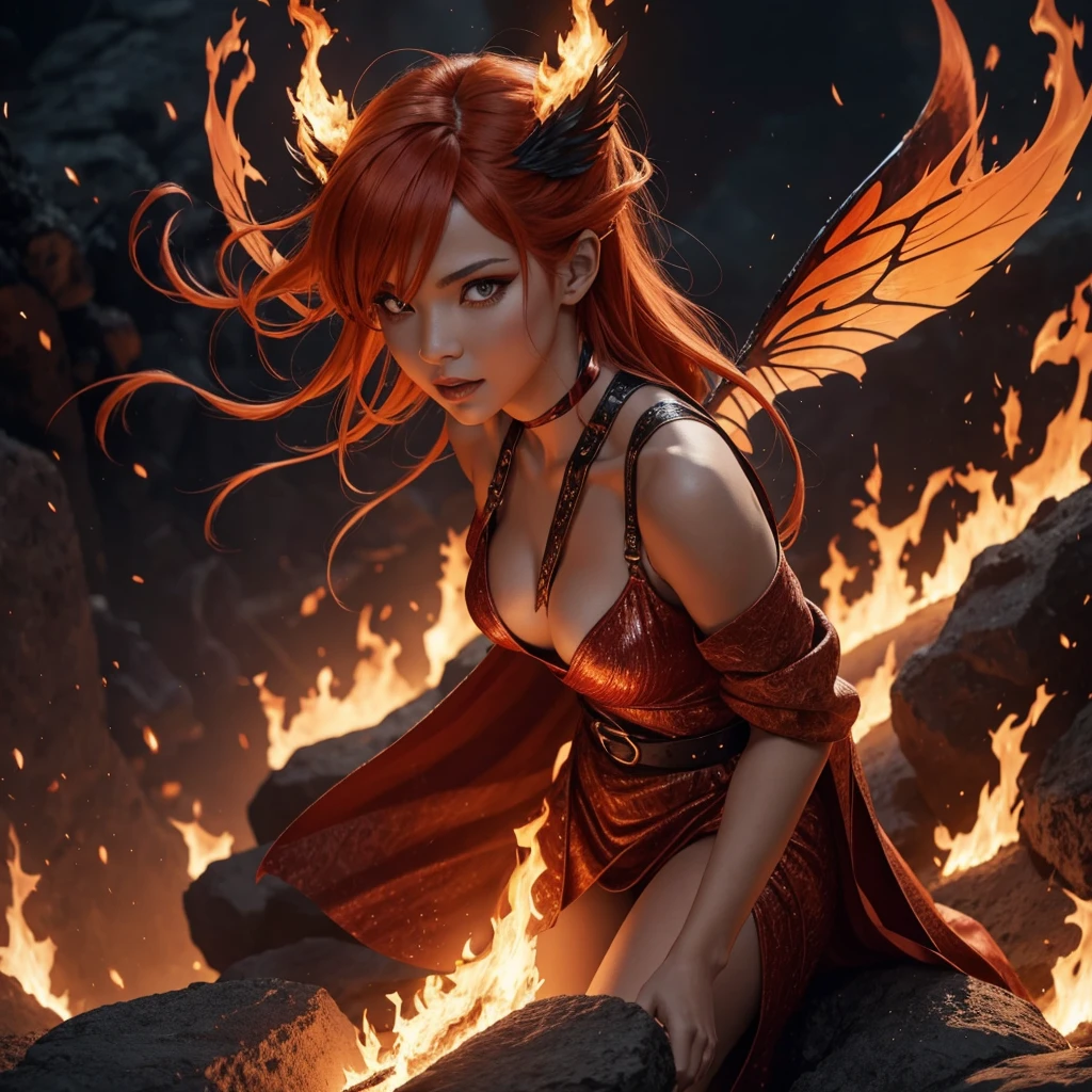 "A Flame Fairy, a fierce and powerful being who commands fire and heat. She has vibrant red and orange hair that cascades like a fiery waterfall, with wings that flicker and shimmer like living flames. Her eyes blaze with intensity, filled with the warmth and danger of a roaring fire. She appears to be in her early 20s, but her true age is a mystery, lending her an ageless aura. Her outfit is bold and daring, resembling flames licking her skin, with a medium level of exposure that complements her fiery and confident nature. Her expression is sharp, with a confident, almost daring smile, and her facial features are refined and elegant, without any animalistic traits. New Flame Fairies are born from the fire spirits within volcanoes and barren lands, embodying the raw, untamed power of fire."