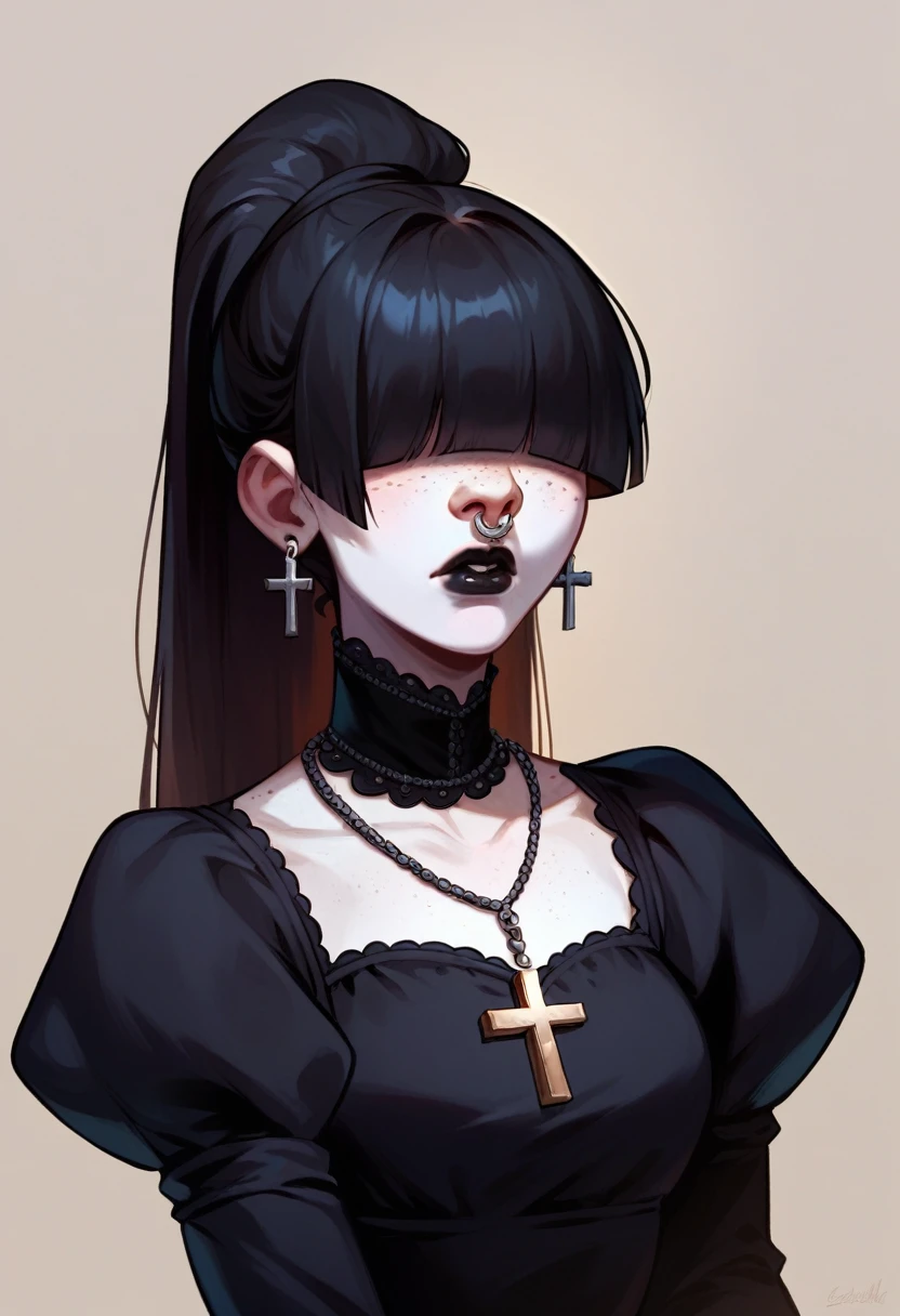 score_9, score_8_up, score_7_up, elisehtp, 1girl, solo, hair over eyes, blunt bangs, ponytail, freckles, white skin, black lips, nose ring, black dress, juliet sleeves, cross earrings, long sleeves, necklace, puffy sleeves, gothic, black nails,