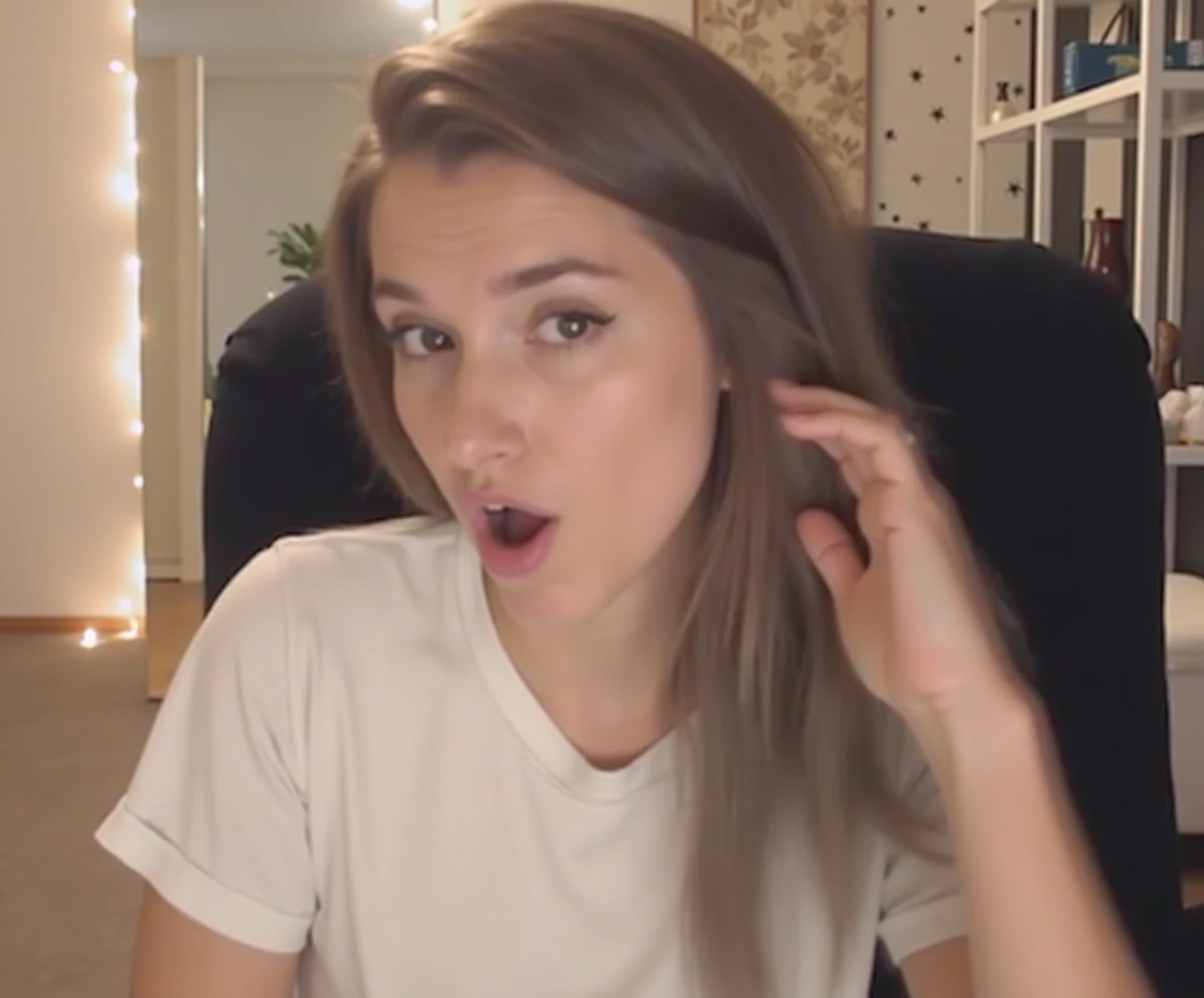 Beautiful sexy woman with long hair, white t-shirt, mouth open, eyebrows raised, happily gasping and moaning, cinematic lighting, hyperrealistic, 8k, highly detailed, photorealistic, masterpiece