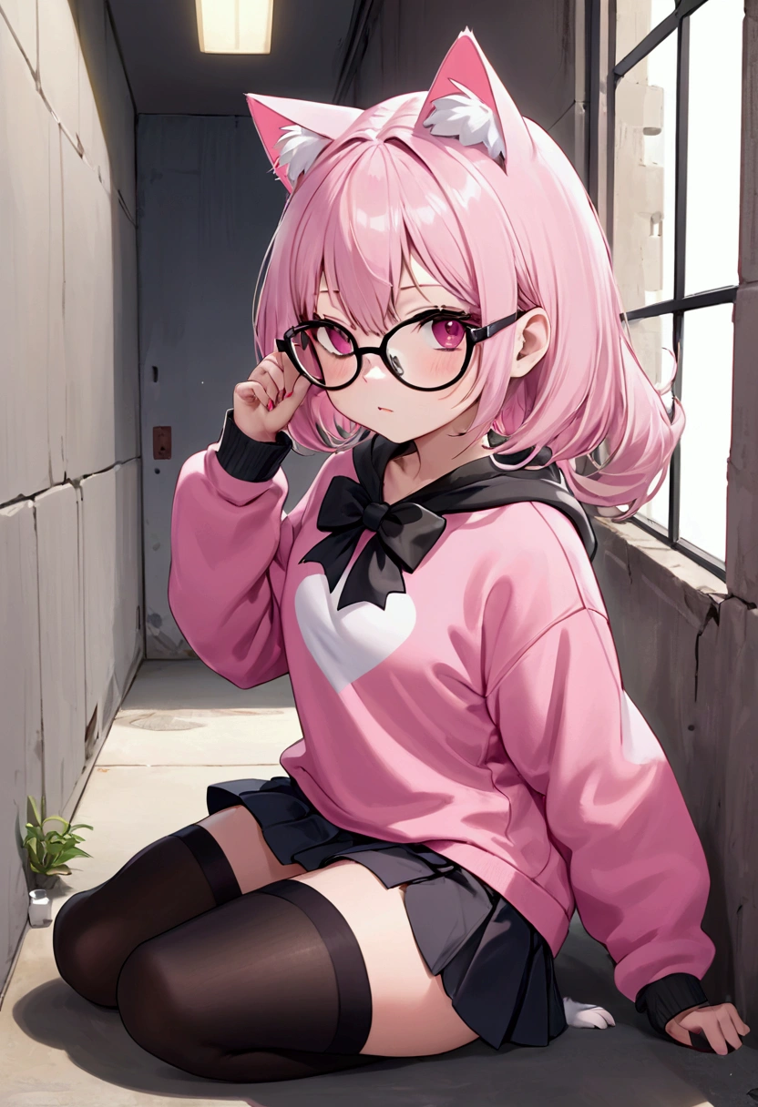 I have pink white hair, cat ears, a bow, My face is super blushing, black glasses, pink heart eyes, a big pink sweatshirt, a skirt under her skirt a black short, black stockings, White shoes, a cat&#39;s tail, A very shy girl I&#39;m hitting you against a wall grabbing her butt