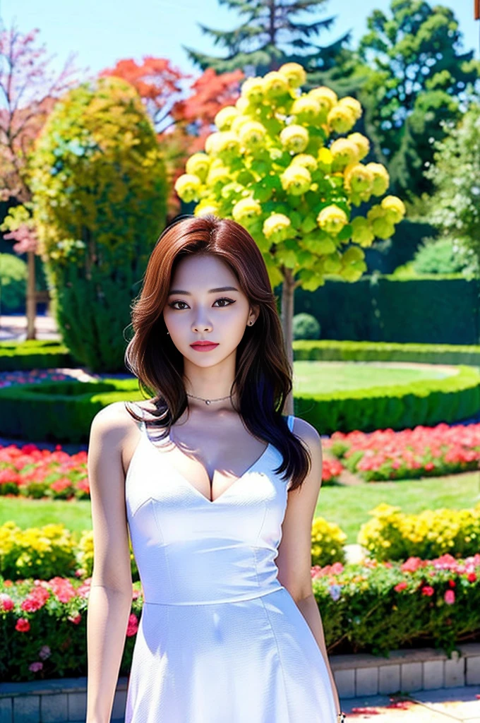 Tzuyu 1, woman, (Realistic), (Hyperrealism), (photoRealistic), Written boundary depth, eye make up:0.7 (whole body:1.8), (Large Bust),(Tight waist), Observe the audience,At the flower garden, Fashion Model, A sexy white dress with open shoulders and neckline
