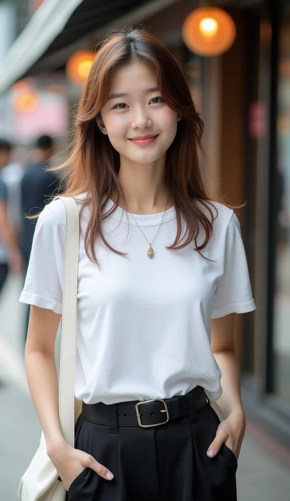Tabletop、Highest quality、Genuine、Very detailed、finely、High resolution、8k wallpaper、One beautiful woman、light brown disheveled hair、Sharp focus、Perfect dynamic composition、Beautiful and detailed、Thinning hair、詳細なGenuineな肌の質感、smile、Close-up portrait、Model body type、smile、29-year-old Japanese woman、White short-sleeved T-shirt、Black wide pants、Black shiny enamel belt、necklace,White Tote Bag,Straight Long Hair, Natural color lip, Random sexy poses,In front of a cafe near Tokyo Station,The whole body is shown from the front,Anatomically correct body,