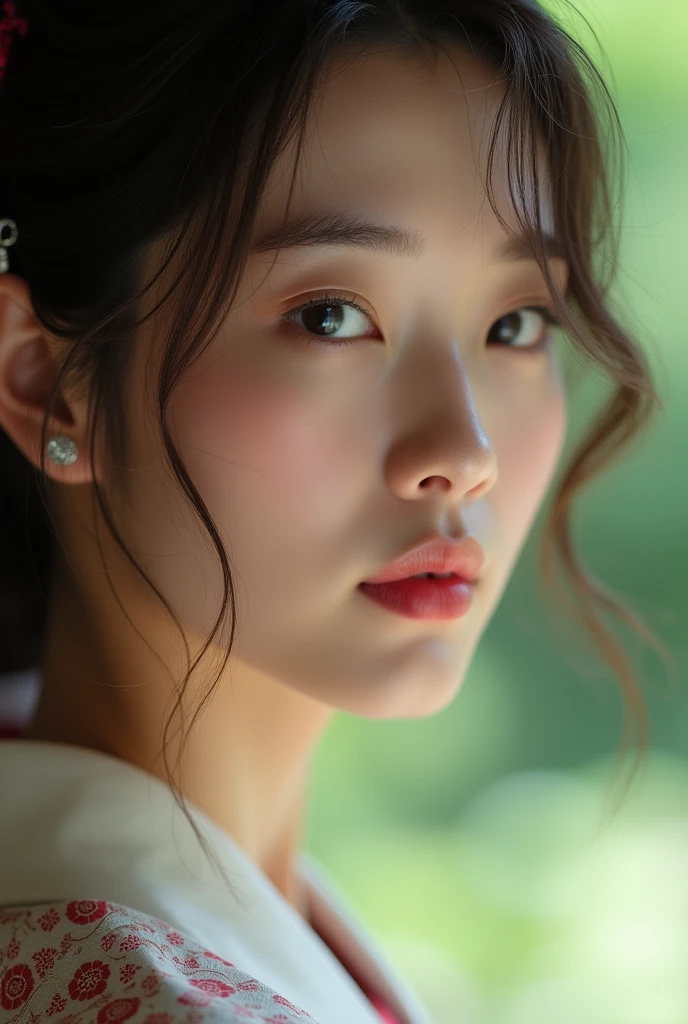 An elegantly dressed Japanese woman in natural light、A close-up of her chest and calm expression.、It shows her inner peace and outer charm.。
