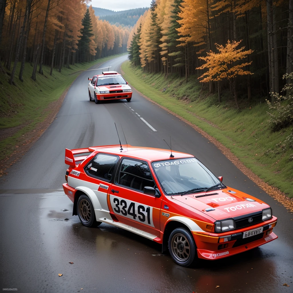 Toyota Starlet WRC、Driving at breakneck speed on forest roads in autumn One The sky is dark it's raining The car is jumping