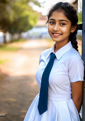 Raw photo , 1 girl ,Wearing white frock and color tie, white shoes ,sri lanka girl, with plait, stand in the ground big breasts, sexy , professional photographer, (hdr:1.4), masterpiece, ultra-realistic 8k, perfect artwork, intrincate details, cute face, award winning photograph, (Best quality, 8k, 32k, Masterpiece, UHD:1.3) ,