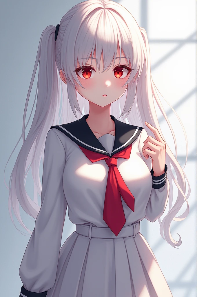 Anime girl with long white hair and red eyes with a white skirt, a red tie and a black lapel