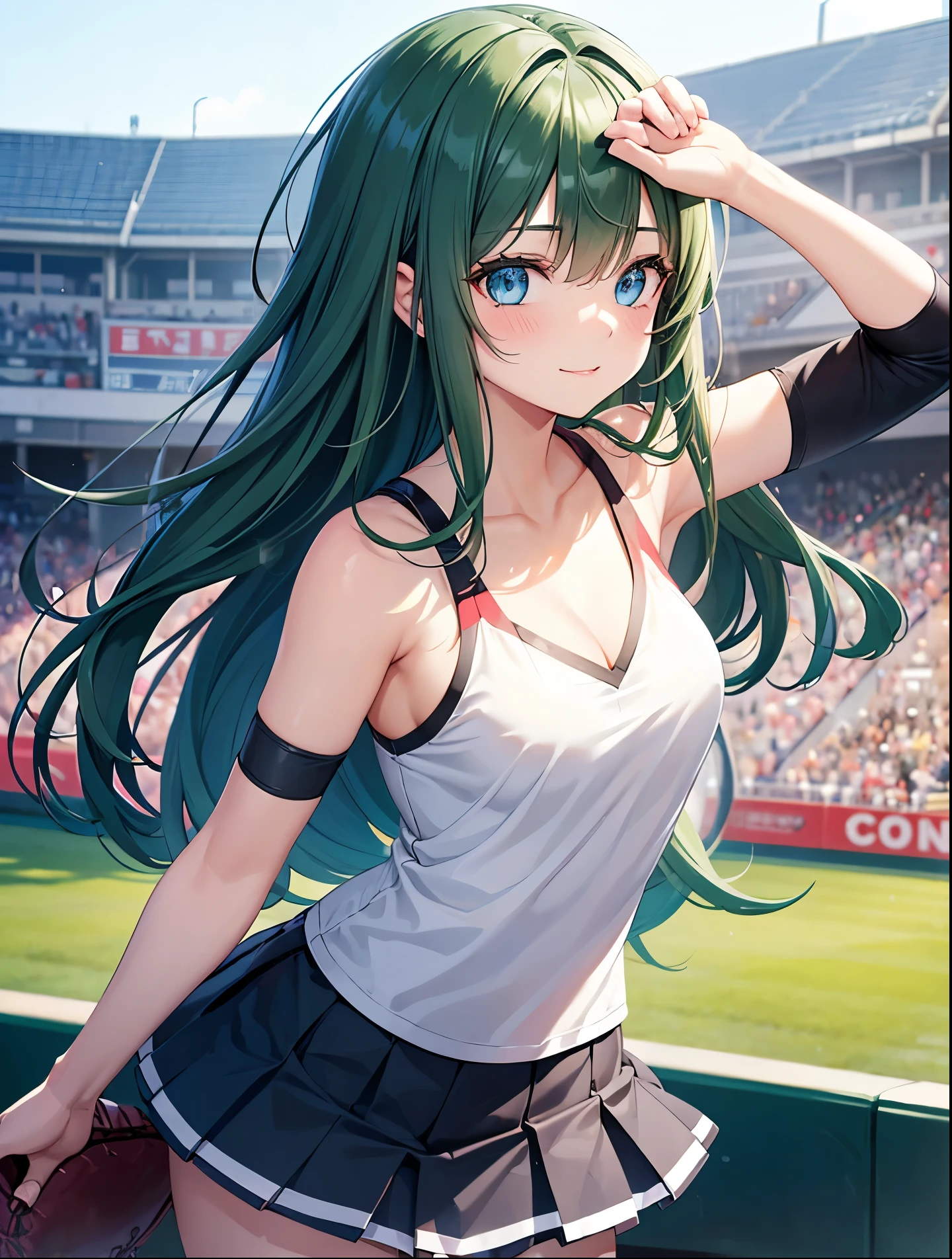 One girl, voluminous dark green hair, dark green hair, straight long hair, wearing white hair band, big droopy eyes, blue eyes, slightly mature, mature expression, droopy eyes, sparkling eyes, focus on face, fresh smile,, blue eyes, five fingers, two hands, cheerleader, chest heart mark, hands in goo with fists up, cheering for baseball team, holding bonbon in hands , background baseball field, 5 fingers, both hands, fine fingers, focus on face, front view, red eyes, no shadow on background, high quality, no shadow on background high quality