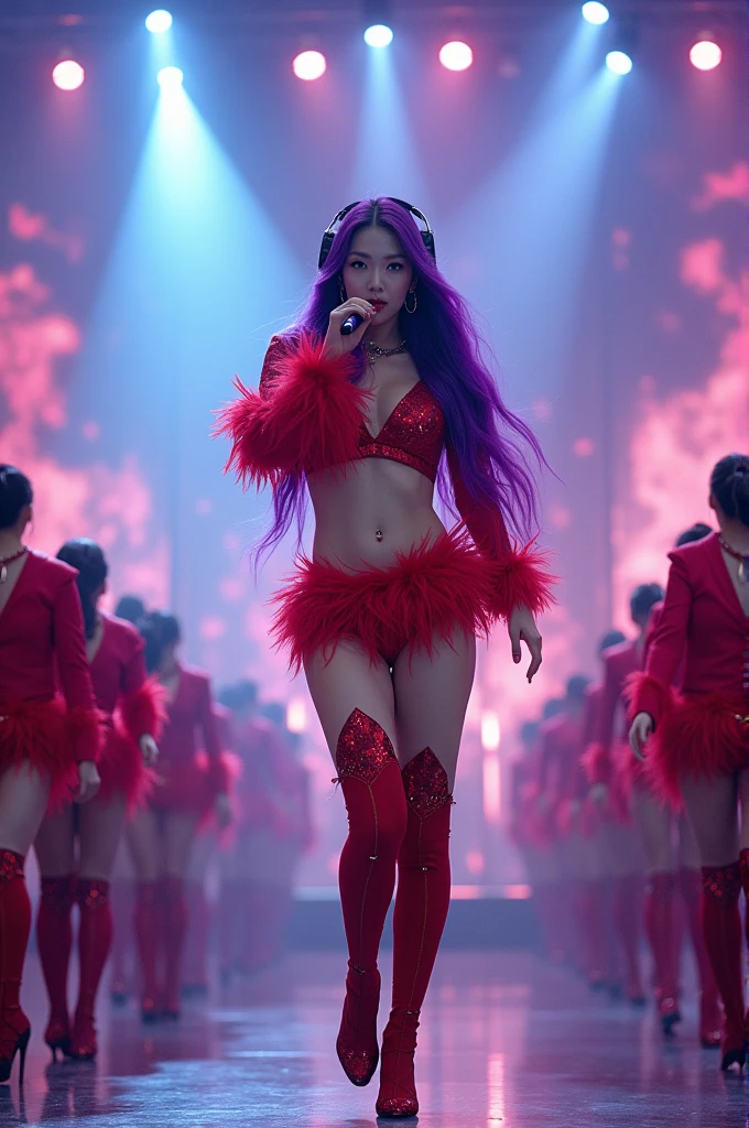 Korean purple hair butterfly woman with headphone and red diamond feather clothes stage show and singing short outfit male dancers 