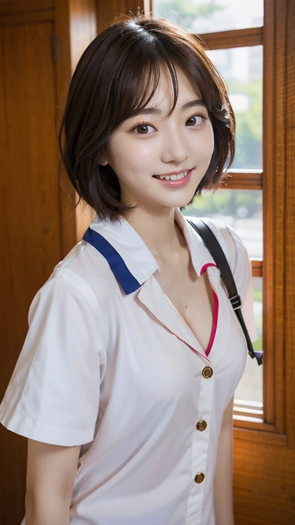 incredibly absurd, beautiful and cute 20-year-old Korean girl with a photorealistic face, showcasing top-quality craftsmanship. Her slender frame adorned with short, messy hair. The artwork high-resolution, allowing for ultra-detailed features to be captured flawlessly. The girl is wearing nurse Costume. The focus lies on the realistic pupils, showcasing depth and emotion. ((breasts out)) cute smile.