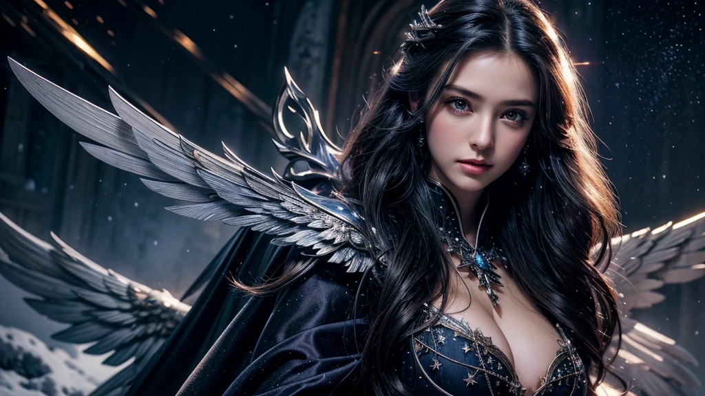 masterpiece, rest, best quality, Very detailed, Super real, 16K, high resolution, castle,snow, ((Starry Sky)),Female Mage,Gorgeous robe,Complex Mode,Pretty Face,Closed mouth,dramatic,Upper Body,Glowing scepter,Black Wings,Large Breasts