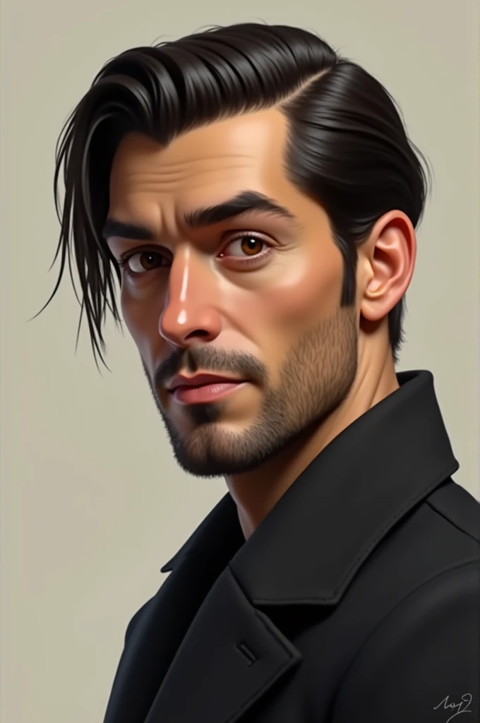 A man with straight hair pulled to the right side, with a pointed nose, with some moles near the nose and with brown eyes, with an oval head design and no chin marking, with a little goatee