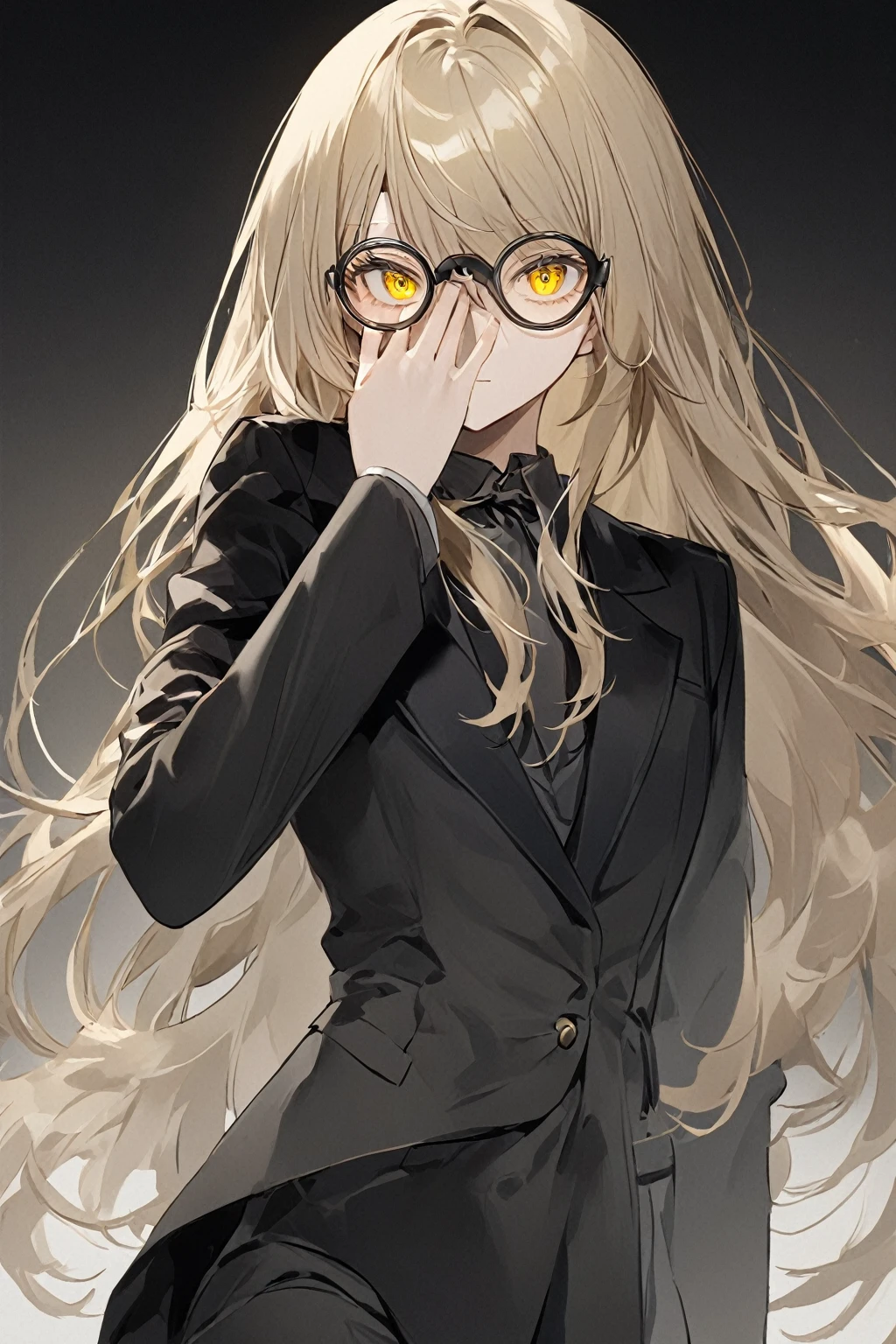  young woman of 26 years with a very androgynous appearance, with short light brown hair with much longer bangs covering the right side of his face and vacant yellow eyes. He wears an elegant black male suit. besides, wears half-moon glasses. Shows an intimidating attitude and a sharp look.