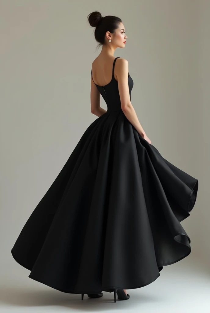 a light skinned woman,complexion media, with a black dress, sparse on top but with a princess pouf on the bottom