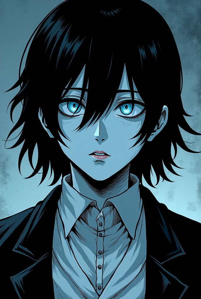Chainsaw man comic panel adult male with black hair cut to the shoulders wearing Victorian era clothing light blue eyes white complexion with a tired look hiding his skin with a dark glitch effect except for the lips