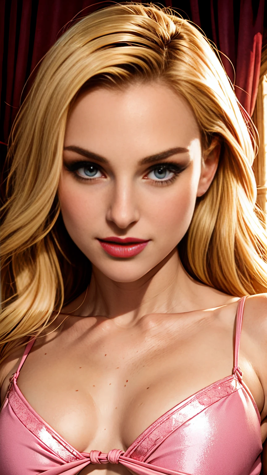Natalie Portman:1.4, long flowing blonde hair, beautiful face, ((pink lipstick)), naked, partially nude, ((pink mini dress)), hanging out, sexy pose, chest close up, seductive smile, fantasy, medieval castle ballroom