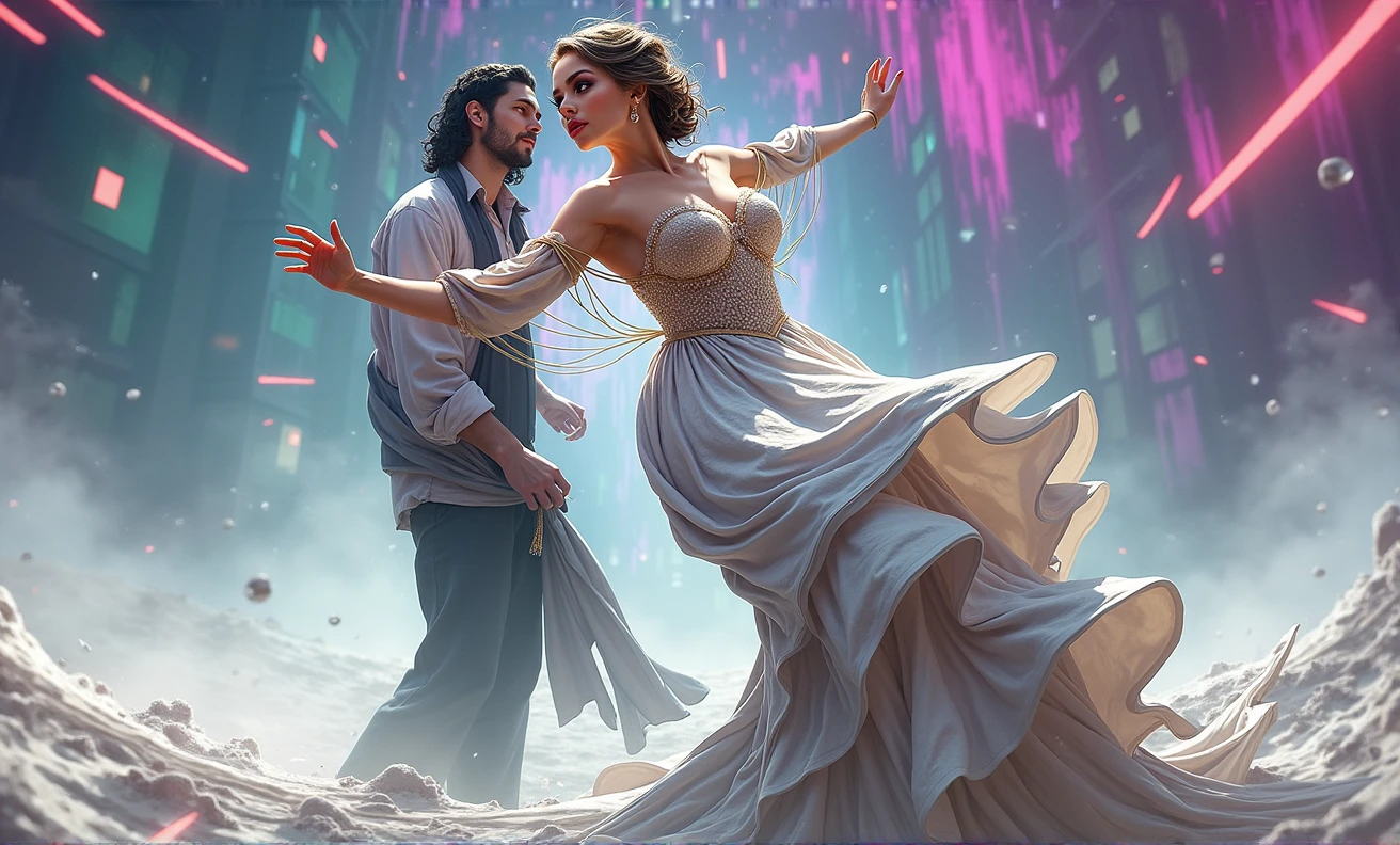 a woman dancing gracefully in a surreal, abstract game-like environment, beautiful detailed eyes, beautiful detailed lips, extremely detailed eyes and face, long eyelashes, elegant flowing dress, dynamic pose, ethereal lighting, vibrant neon colors, digital art, concept art, 8k, hyper detailed, photorealistic