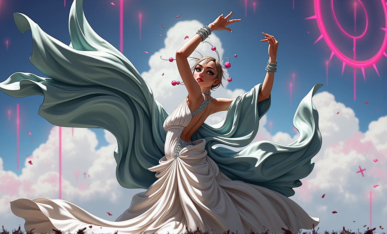 a woman dancing gracefully in a surreal, abstract game-like environment, beautiful detailed eyes, beautiful detailed lips, extremely detailed eyes and face, long eyelashes, elegant flowing dress, dynamic pose, ethereal lighting, vibrant neon colors, digital art, concept art, 8k, hyper detailed, photorealistic