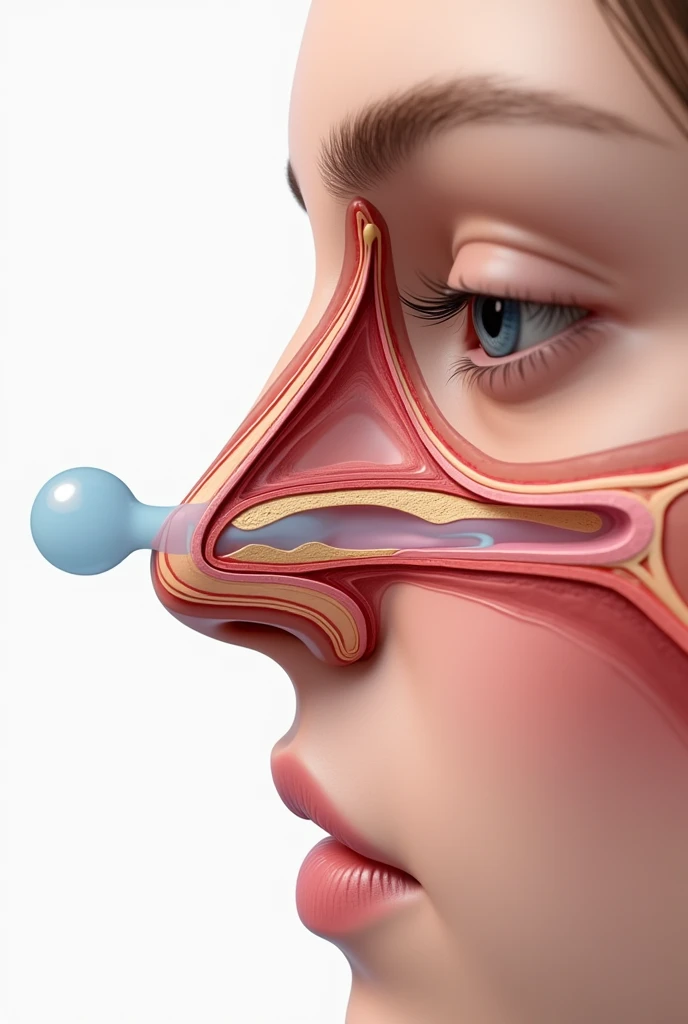 Nose with nasal hair and mucus, showing oxygen molecule entering and being filtered.