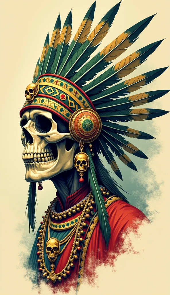 Detailed and vibrant illustration of a skull adorned with an elaborate headdress. The headdress features intricate patterns in shades of green, gold, and red, with feathers extending from the top. The skull is decorated with ornate jewelry, including large earrings, necklaces, and a pendant with another smaller skull. The background is a light beige with subtle splashes of color, enhancing the focus on the central figure. The overall style is reminiscent of traditional indigenous art, with a modern, graphic twist.
