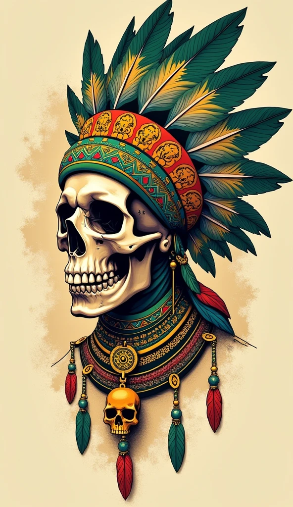 Detailed and vibrant illustration of a skull adorned with an elaborate headdress. The headdress features intricate patterns in shades of green, gold, and red, with feathers extending from the top. The skull is decorated with ornate jewelry, including large earrings, necklaces, and a pendant with another smaller skull. The background is a light beige with subtle splashes of color, enhancing the focus on the central figure. The overall style is reminiscent of traditional indigenous art, with a modern, graphic twist.