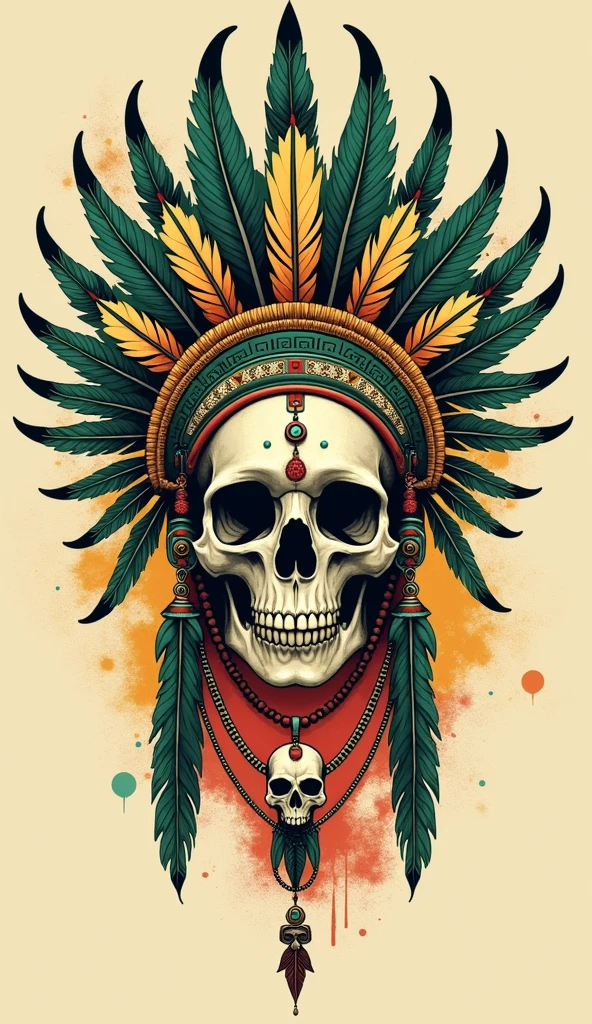 Detailed and vibrant illustration of a skull adorned with an elaborate headdress. The headdress features intricate patterns in shades of green, gold, and red, with feathers extending from the top. The skull is decorated with ornate jewelry, including large earrings, necklaces, and a pendant with another smaller skull. The background is a light beige with subtle splashes of color, enhancing the focus on the central figure. The overall style is reminiscent of traditional indigenous art, with a modern, graphic twist.