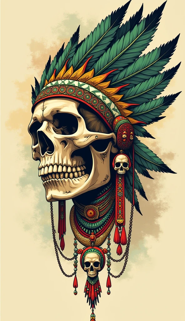 Detailed and vibrant illustration of a skull adorned with an elaborate headdress. The headdress features intricate patterns in shades of green, gold, and red, with feathers extending from the top. The skull is decorated with ornate jewelry, including large earrings, necklaces, and a pendant with another smaller skull. The background is a light beige with subtle splashes of color, enhancing the focus on the central figure. The overall style is reminiscent of traditional indigenous art, with a modern, graphic twist.