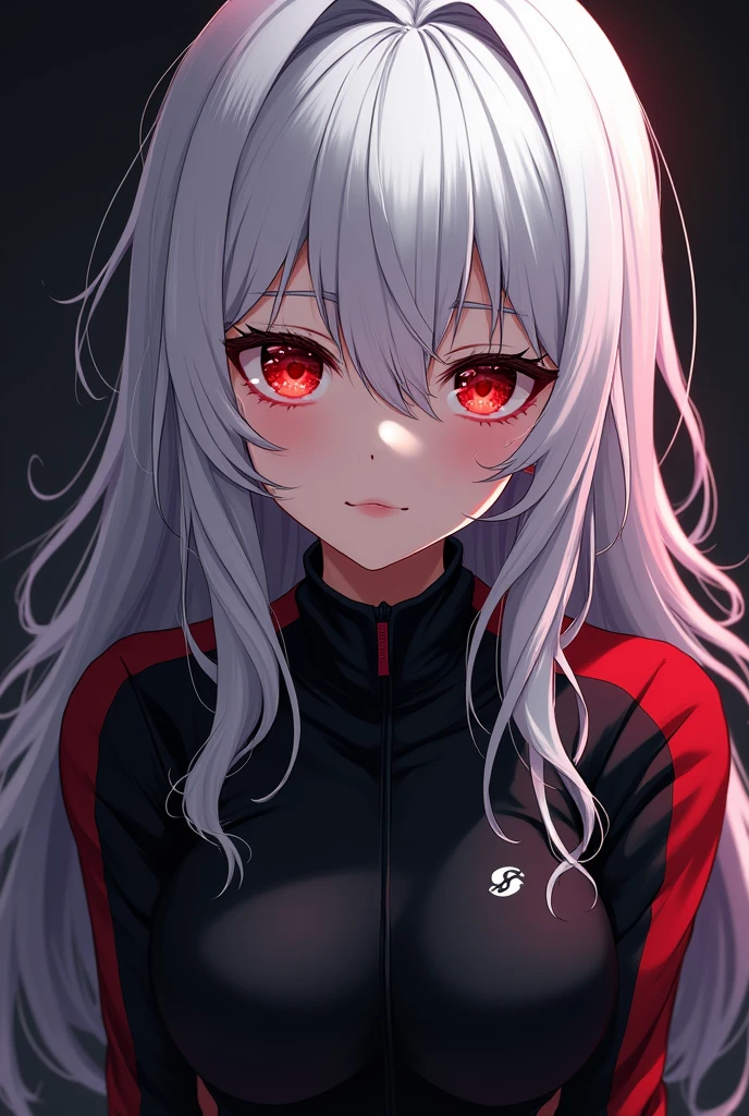 Create a Yandere style red eyed anime girl image, with white hair and black sportswear