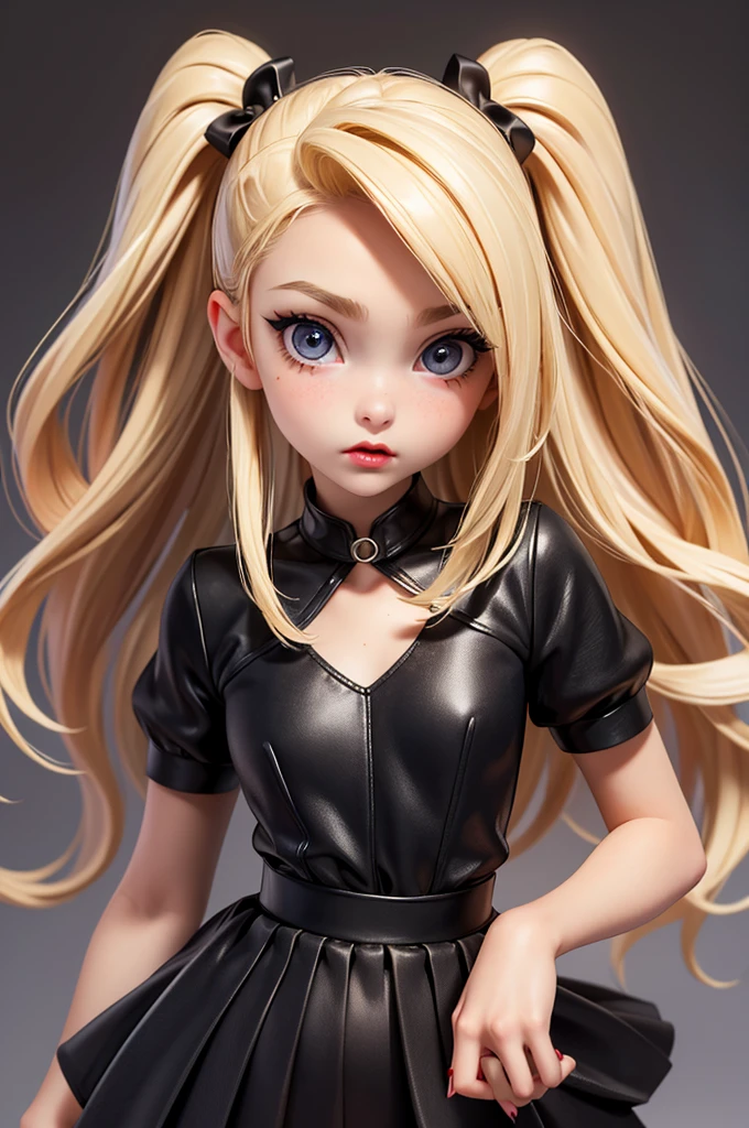 hyperrealistic 14 year old american , blonde, little, perfect tiny body, sexy, dark makeup, perfect slim face, big red lips, very cute face, tiny body, big eyes, young looking, childish looking, black top, black skirt