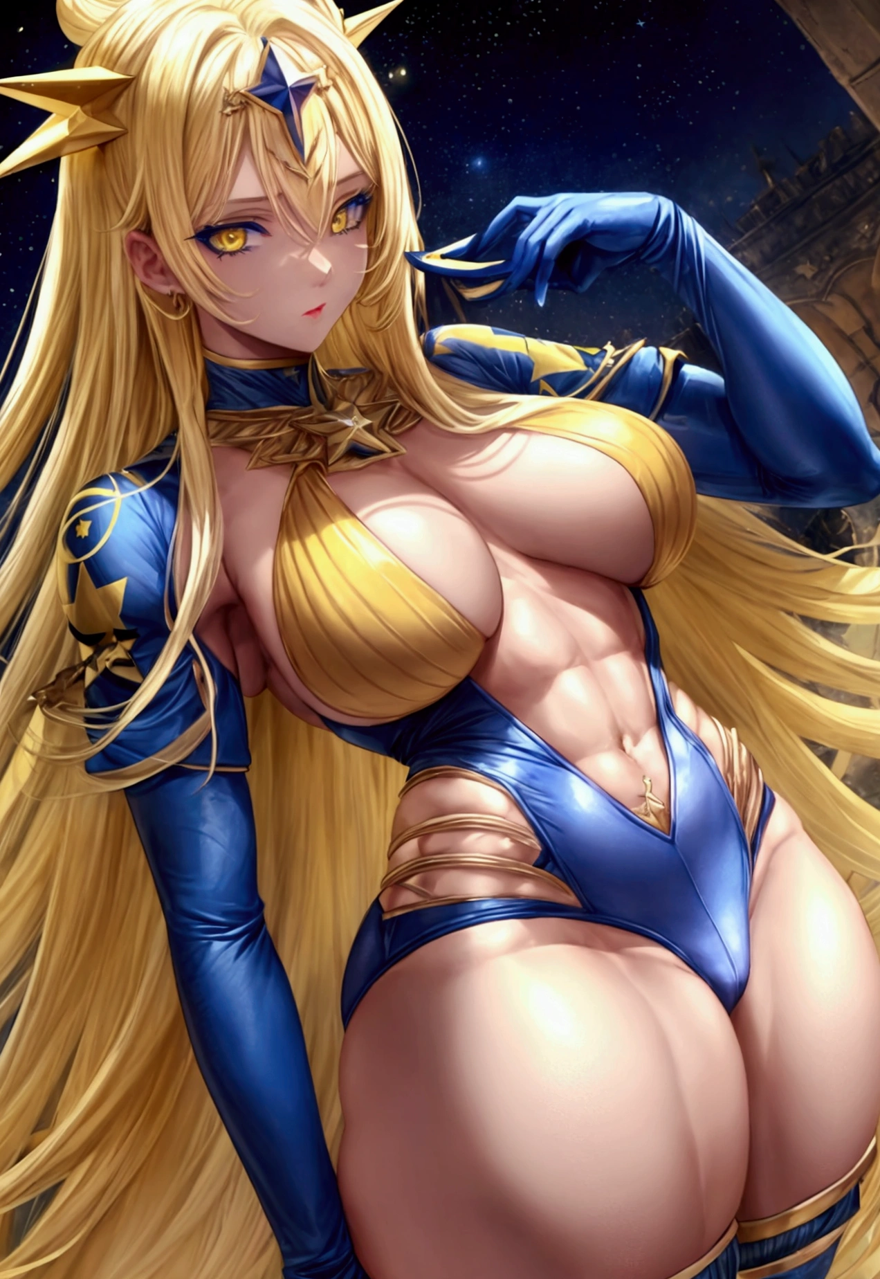 yellow eyes blue lipstick  .a star on her forehead long blonde hair bangs. tall muscular athletic body slim waist big breasts big buttocks blue and yellow footballer clothes 