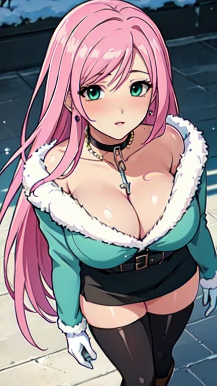 Masterpiece, beautiful art, professional artist, 8k, art style by sciamano240, very detailed face, very detailed hair, very detailed clothes, 1girl, perfectly drawn body, beautiful face, long hair, pink hair , very detailed green eyes, pouty lips , rosey cheeks, intricate details in eyes, extreme close up of face, see only head and neck, staring directly at viewer, wearing cute white winter clothes, winter coat, necklace, choker, earrings, gloves, black pencil skirt, black tigh boots, in love with the viewer expression, sunny winter setting, walking outside, cleavage exposed