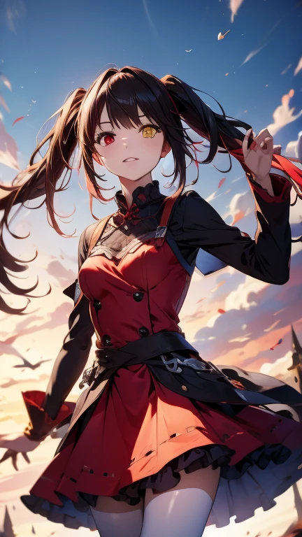 (((masterpiece))),(((highest quality))),(((Very detailed))),shape,Who, (masterpiece, highest quality, highest quality, Official Art, beautifully、beautiful:1.2),(8k, highest quality, masterpiece:1.2), KurumiBase, (Clock Eye), Heterochromia iridis, (Red eyes:1.2), (Yellow Eyes:1.5), (((Long twin tails))), hair band, (((Red dress))), Frills, Removable sleeves, Frillsチョーク, alone,