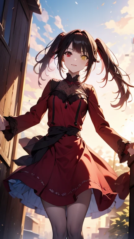 (((masterpiece))),(((highest quality))),(((Very detailed))),shape,Who, (masterpiece, highest quality, highest quality, Official Art, beautifully、beautiful:1.2),(8k, highest quality, masterpiece:1.2), KurumiBase, (Clock Eye), Heterochromia iridis, (Red eyes:1.2), (Yellow Eyes:1.5), (((Long twin tails))), hair band, (((Red dress))), Frills, Removable sleeves, Frillsチョーク, alone,