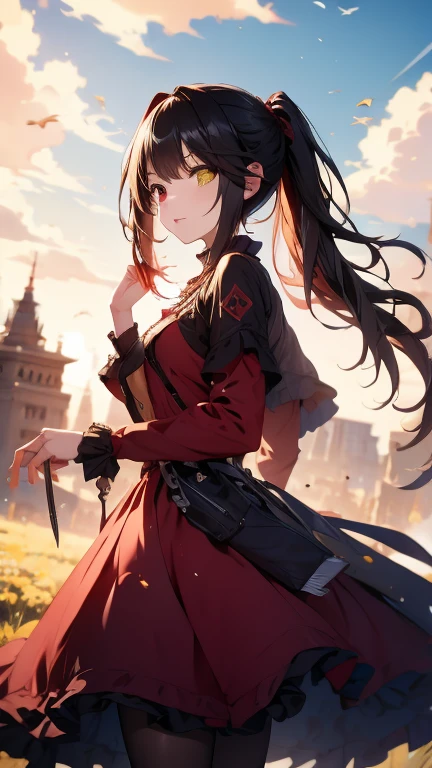 (((masterpiece))),(((highest quality))),(((Very detailed))),shape,Who, (masterpiece, highest quality, highest quality, Official Art, beautifully、beautiful:1.2),(8k, highest quality, masterpiece:1.2), KurumiBase, (Clock Eye), Heterochromia iridis, (Red eyes:1.2), (Yellow Eyes:1.5), (((Long twin tails))), hair band, (((Red dress))), Frills, Removable sleeves, Frillsチョーク, alone,