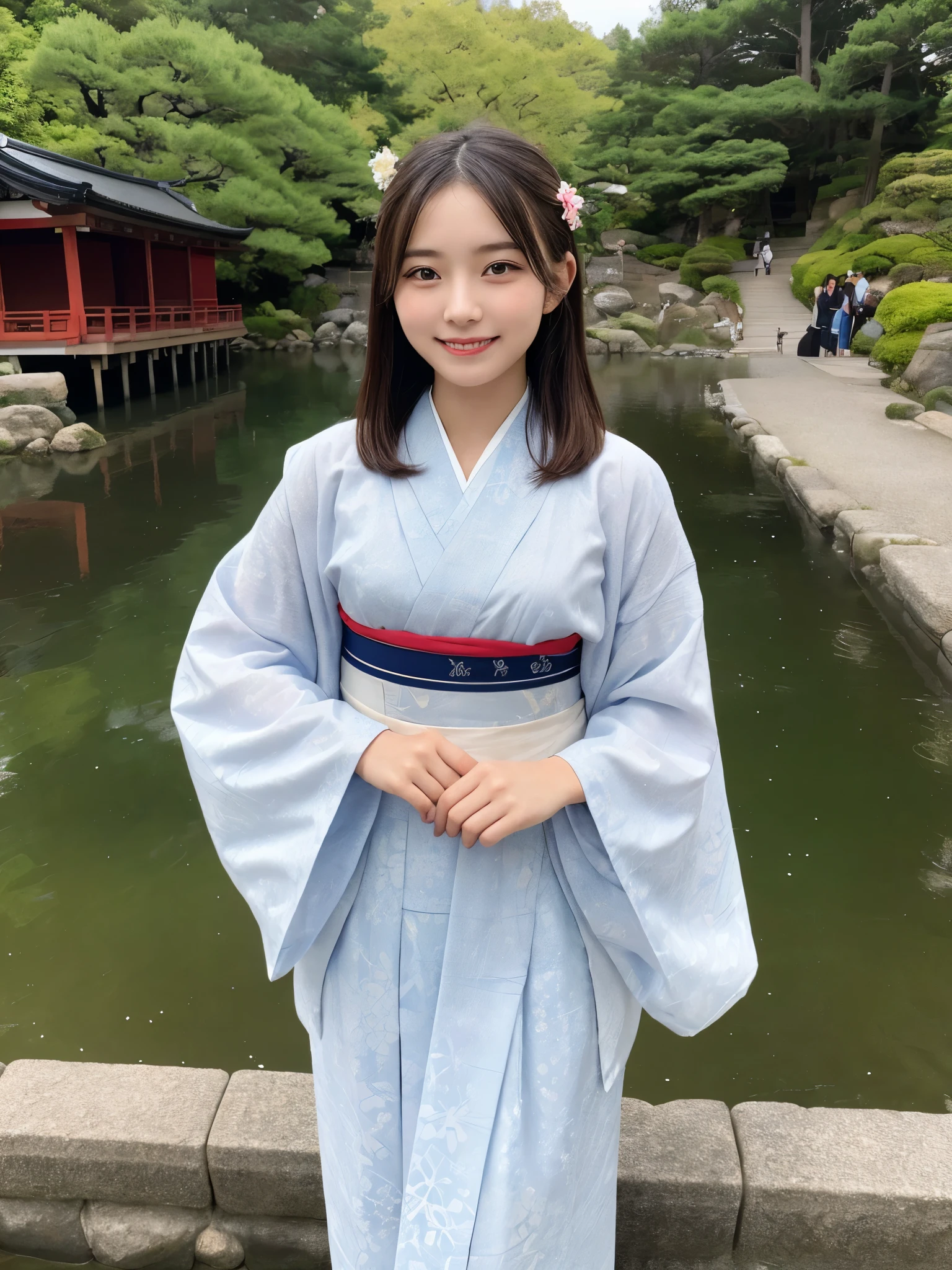 1girl, 18 years old, cute and beautiful, solo, highres, best_quality, masterpiece, detailed_background, intricate_details, beautiful, kyoto, kinkakuji, temple, reflection, water, traditional_clothes, kimono, peaceful, smile, looking_at_viewer, dynamic_pose, natural_pose, candid, happy