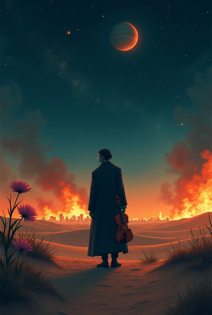 Lonely man in the night desert. in the background a city. on fire, next to the man a beautiful flower, starry sky , HD, the man is facing, con mascara, in surreal style, dreamlike painting, best style Delhi, fire, planets in the sky, the gombre holds a violin