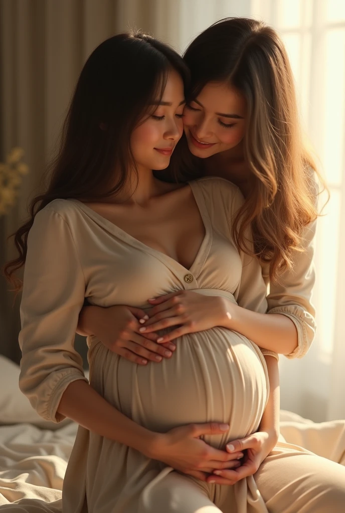 A pregnant blonde Asian woman hugged from behind by a black haired Asian woman