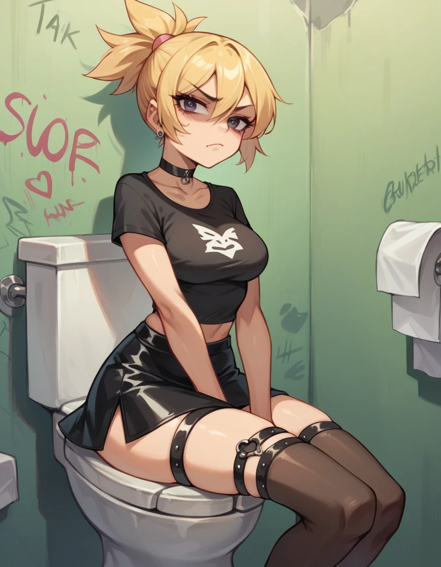 chica sexy, medium breasts, short skirt, black top, choker , thigh strap , by rubio , annoyed , long stockings public toilet with graffiti kneeling in fear
