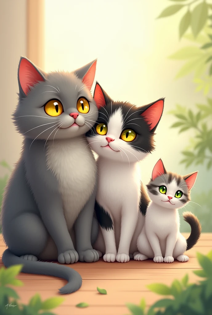 Draw 3 Cats: First chubby gray cat with yellow eyes; second cat white and black and yellow eyes; third small white cat with gray and some stripes of green eyes