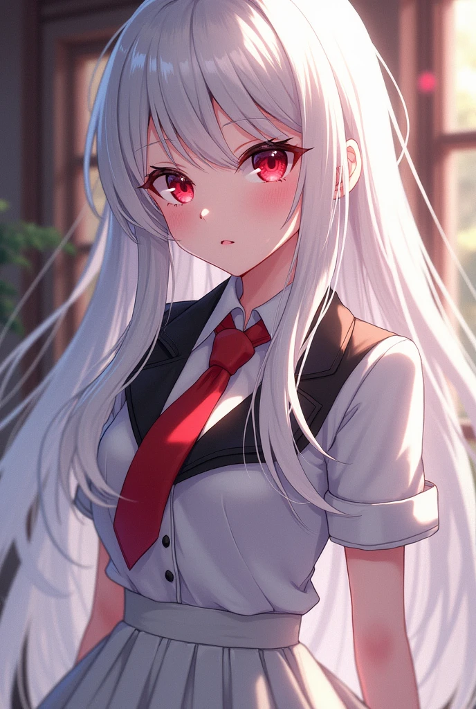 Anime girl with long white hair and red eyes wearing a white skirt, a red tie and a black pointed lapel