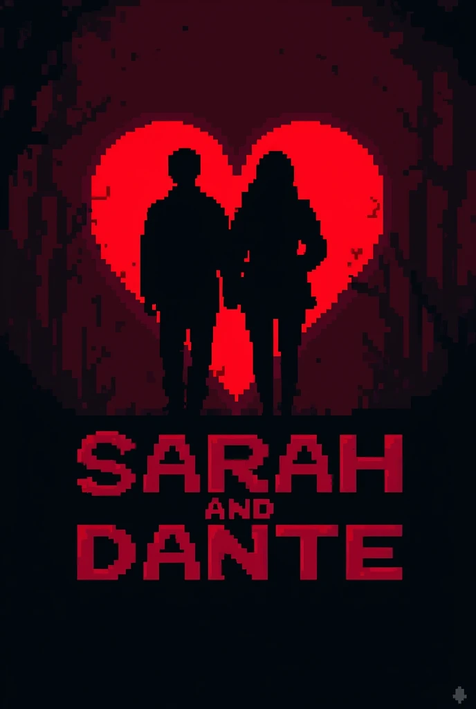 A pixelart of the name Sarah and Dante in the predominant color black and red 