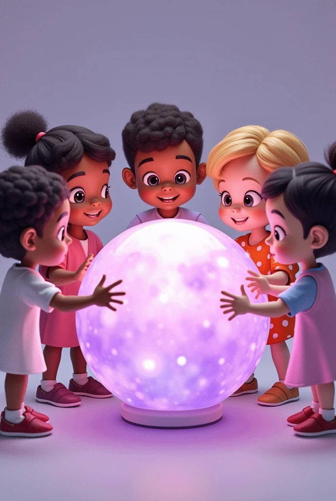 I need an image where there are five children around a LILAC crystal globe and they are all smiling and holding hands. I also need them to look like they've been drawn, as is they were cartoon characters. One of the children needs to be black. Without a background