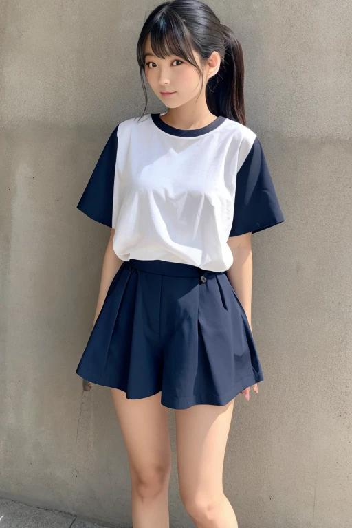 Highest quality、Japanese women in their 20s、ponytail、Black Hair、White short-sleeved shirt、Navy Blue Bloomers、whole body
