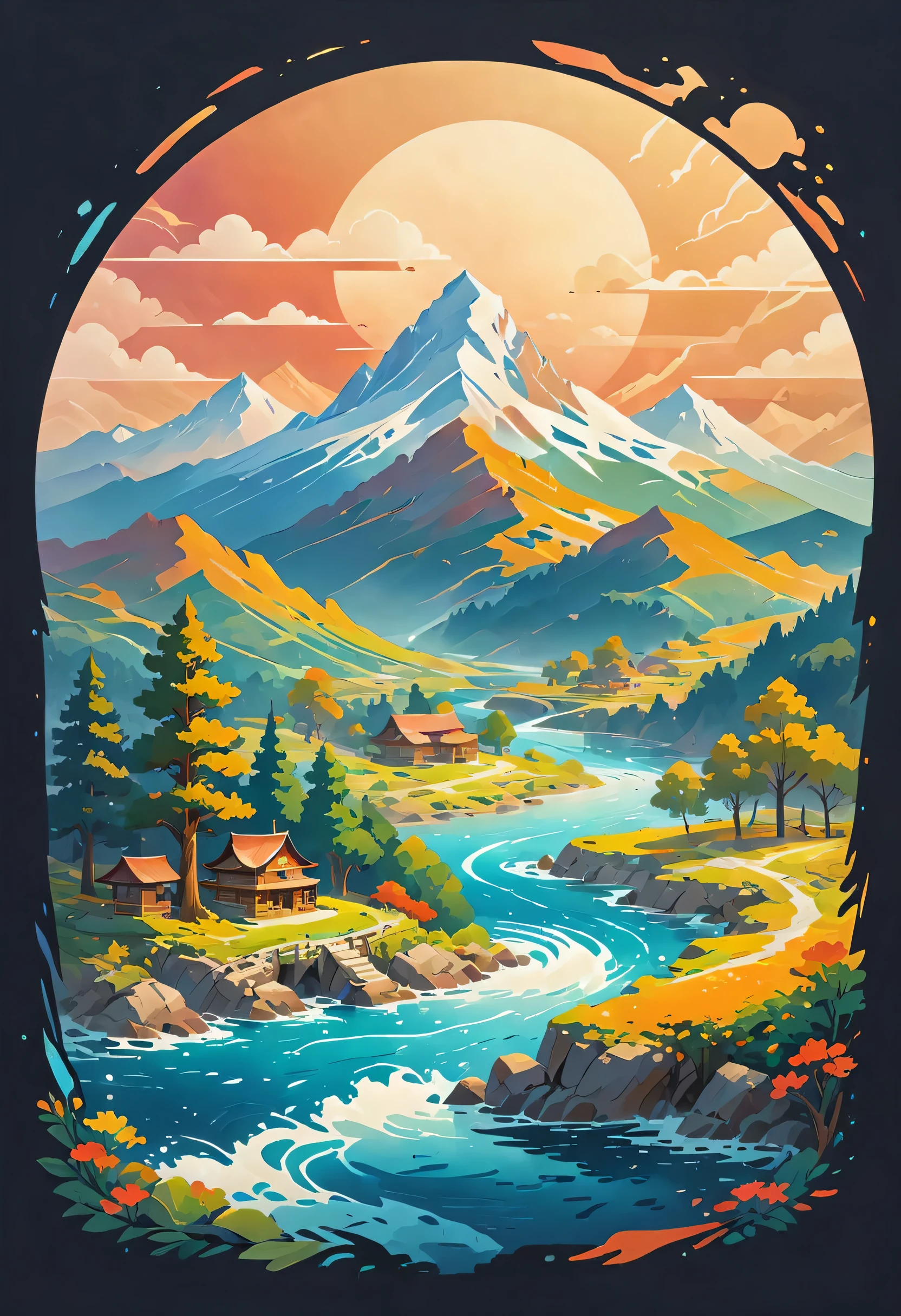impressive painting of a mountain with trees and water, a detailed painting by Petros Afshar, shutterstock contest winner, environmental art, detailed painting, outlined art, 2d game art, isolated background for logo, strong contours, logo design