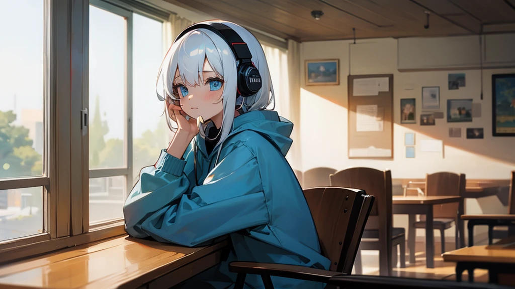 Best quaility, masterpiece, 4k, at night, A girl with white hair with blue eyes and around middle school age was wearing a hoodie, cheek cane, she wears a headset, she is facing the PC and not facing me, so I can't see her face, she is in a cafe which has sunlight shining in the building, working on something on her note PC
