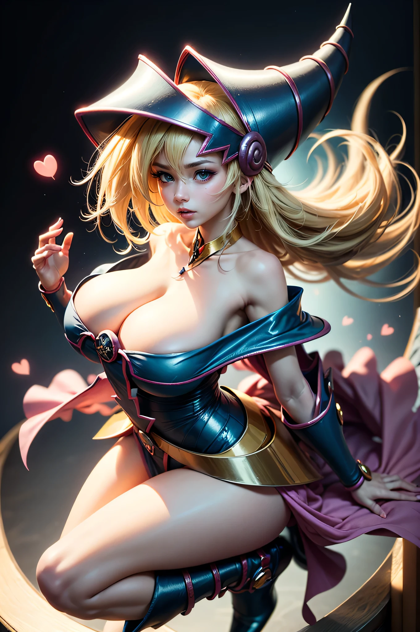 (masterpiece:1.2), (The best quality:1.2), perfect lighting, Dark Magician Girl with big breasts and big hips small waist casting a spell,full body that can be seen from head to toe, very close to the screen..in his twenties, floating in the air, huge tits visible, transparent neckline, blue robe, big hat, from above, Sparkles, Yugioh game, The magic of the heart. LIGHTS OF THE HEART, romantic heart.