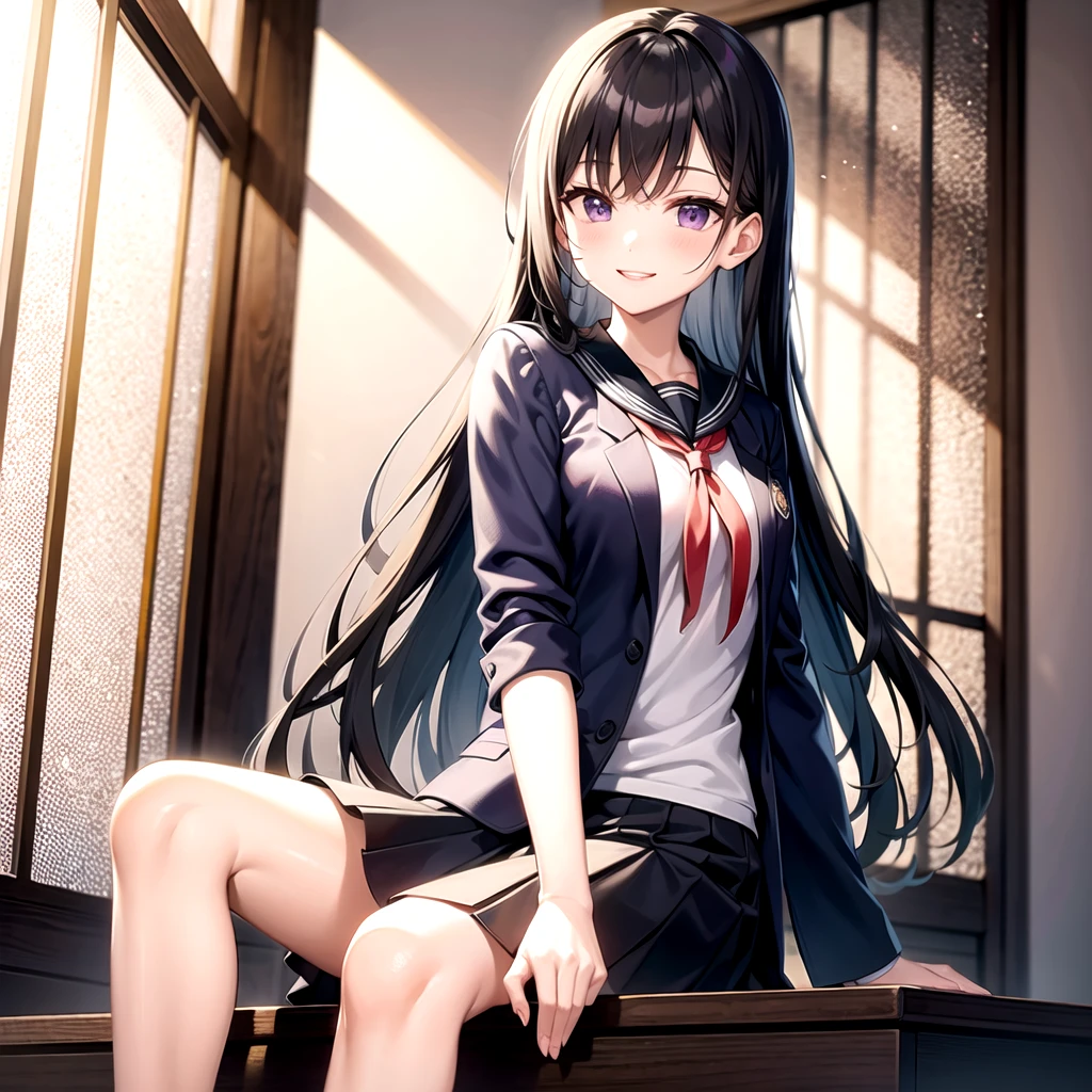 Black-haired long-haired high school girl、Purple eyes、Sailor suit、blazer、School stairs、Getting off、smile、whole body