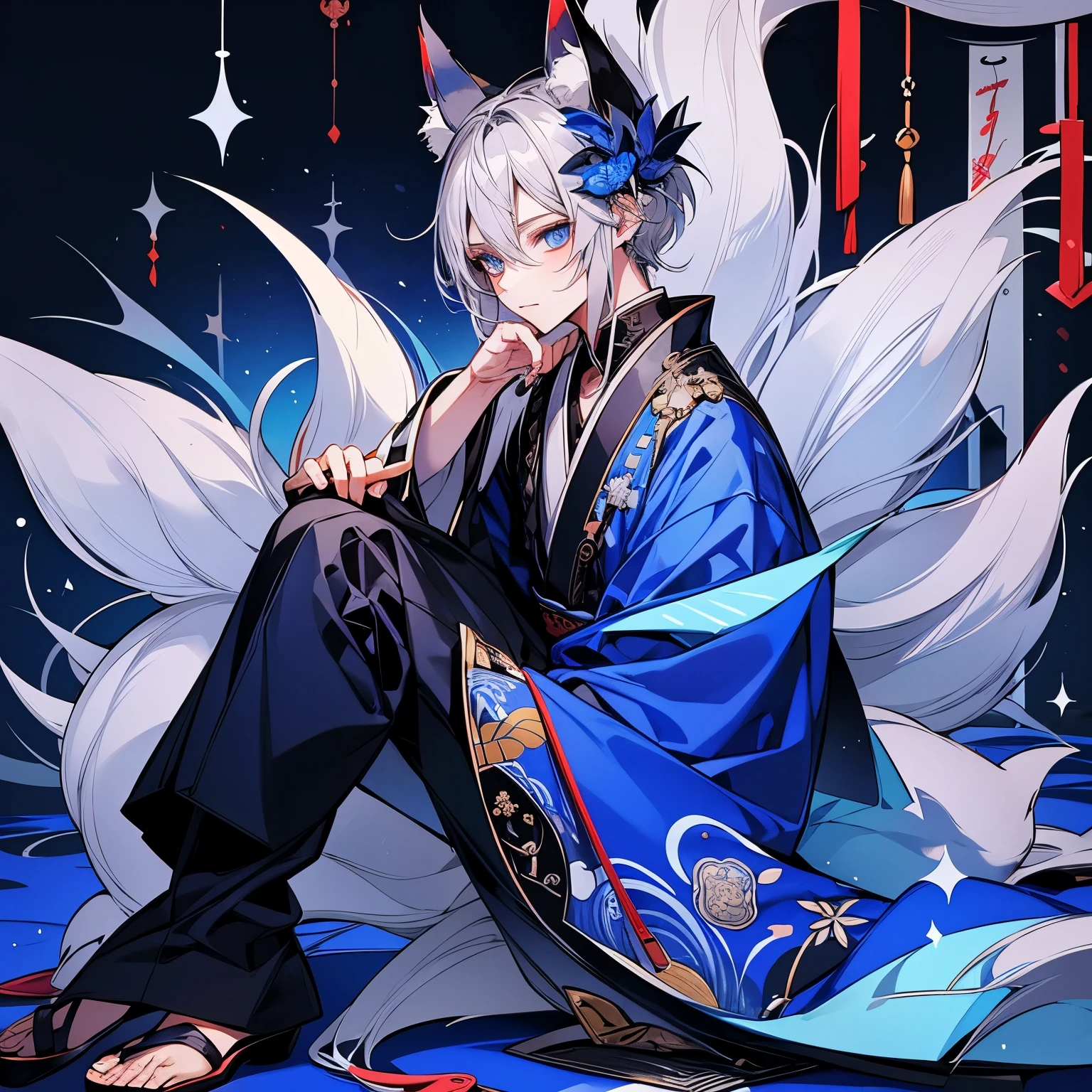 full body, (Highest quality), Highly detailed face, 1 boy，Perfect Face,(Silver Hair:1.3)，(blue eyes:1.3), Fox Ears, Onmyoji's kimono , Working in a Japanese-style old-style cafe