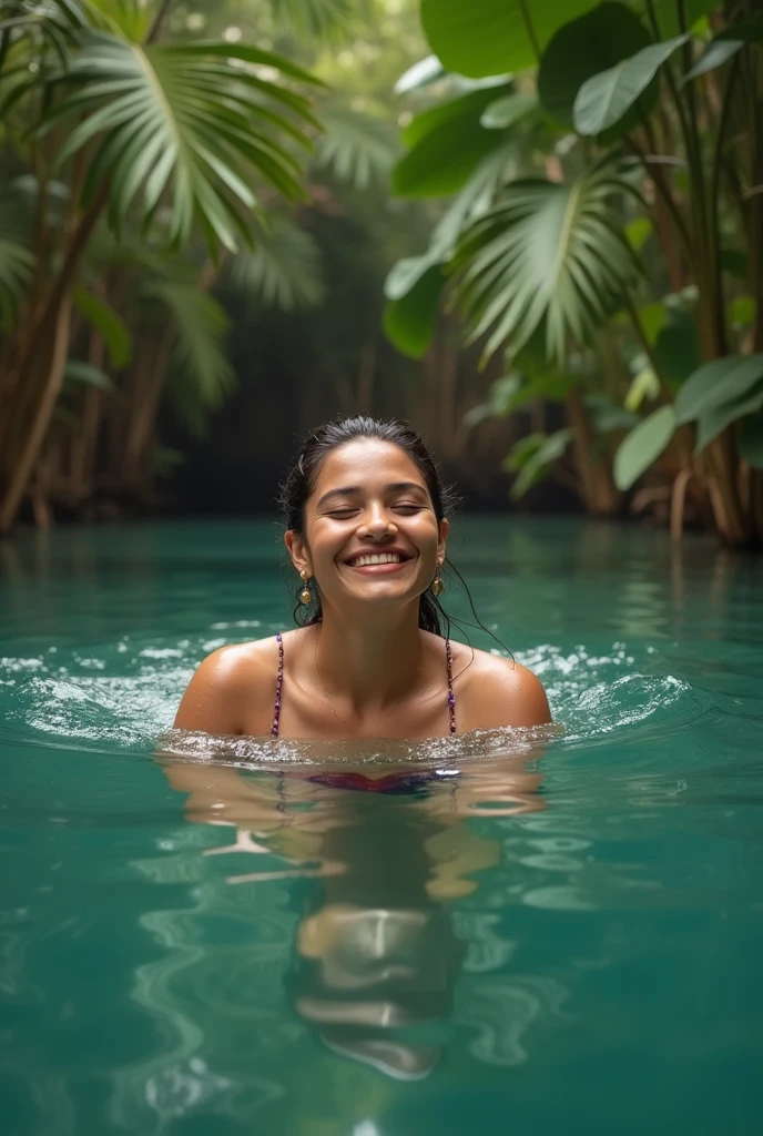 front shot of a beautiful full figured, curvy Mexican woman, smiling, full of joy, full body shot, diving into a lake, tropical foliage, natural lighting, calm expression, inner peace, outer charm, detailed face, high quality, photorealistic, 8k, intricate details, warm color tones, diffused lighting, cinematic, portrait