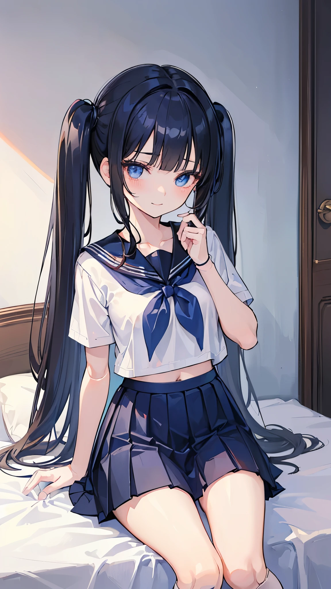 ((masterpiece、Highest quality、Very detailed))、One girl、Black Hair、Long Hair、twintails、blunt bangs、Light blue eyes、evil smile、Small breasts、((serafuku:1.5))、Short sleeve、((black leotard:1.3))、black thighhighs、sitting、((knees up))、((open legs))、On the bed、Bedroom Background