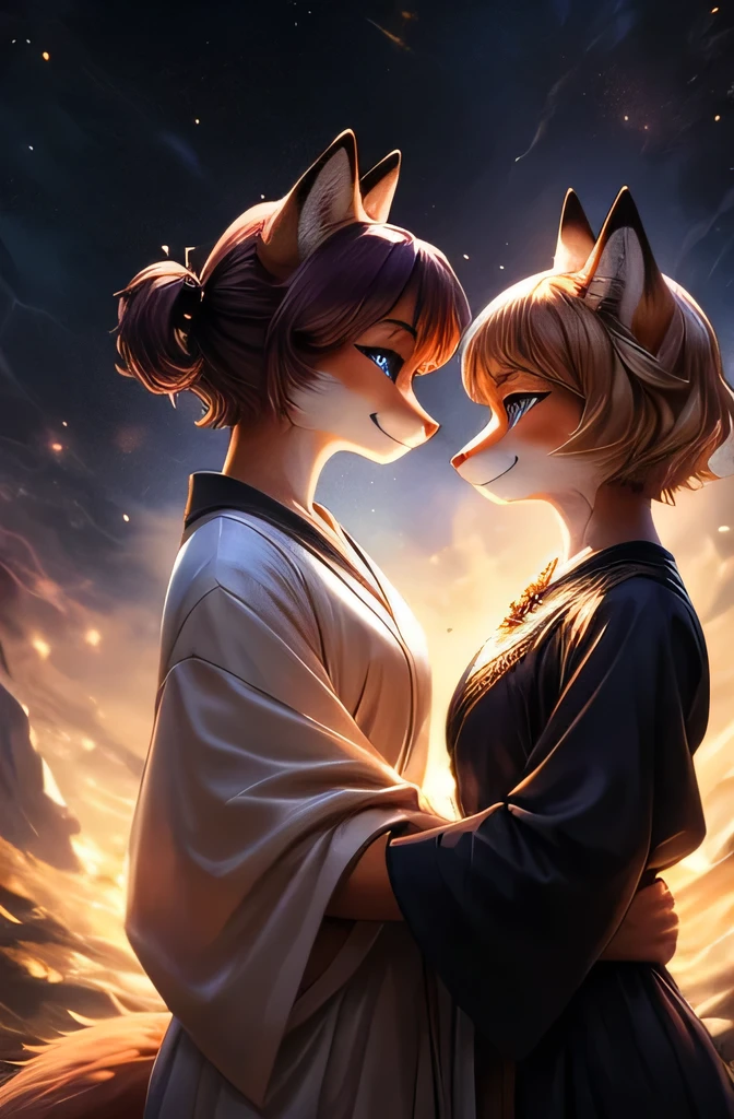 ASCIIrealistic, masterpiece, (side) view, couple portrait, two characters, cute COUPLE, lesbian couple, female couple : (female (anthro ((red) fox))), detailed and extremely fluffy body fur, glossy fur, purple eyes, round chest, ((short messy copper hair, short bangs, short blunt bob hairstyle)), (fantasy black and purple magician witch outfit), half-closed eyes, closed mouth, cheeky seductive expression, embracing another, a second (female (anthro ((white)) feline cat))), flat chest, blue eyes ((long messy blonde low twin tails)), (fantasy sky blue high priestress robe with golden gemstone accessories details) uploaded on e621, (by Hasui Kawase:0.5), by Barbara Takenaga, by Affandi, by Beatrice Ethel Lithiby, by Catcouch, FurryCore, nighttime, intricately space galaxy background, ethereal magical lights, dim lighting, emitting otherworldly glow that defies the laws of natural light, detailed, realistic, 8k uhd, high quality, high quality photography, 3 point lighting, flash with softbox, 4k, Canon EOS R3, hdr, smooth, sharp focus, high resolution, award winning photo, 80mm, f2.8, bokeh, cinematic composition, cinematic lighting,highly detailed, masterpiece, best quality, realistic, (intricate:0.9), (high detail:1.4), film photography, sharp focus,